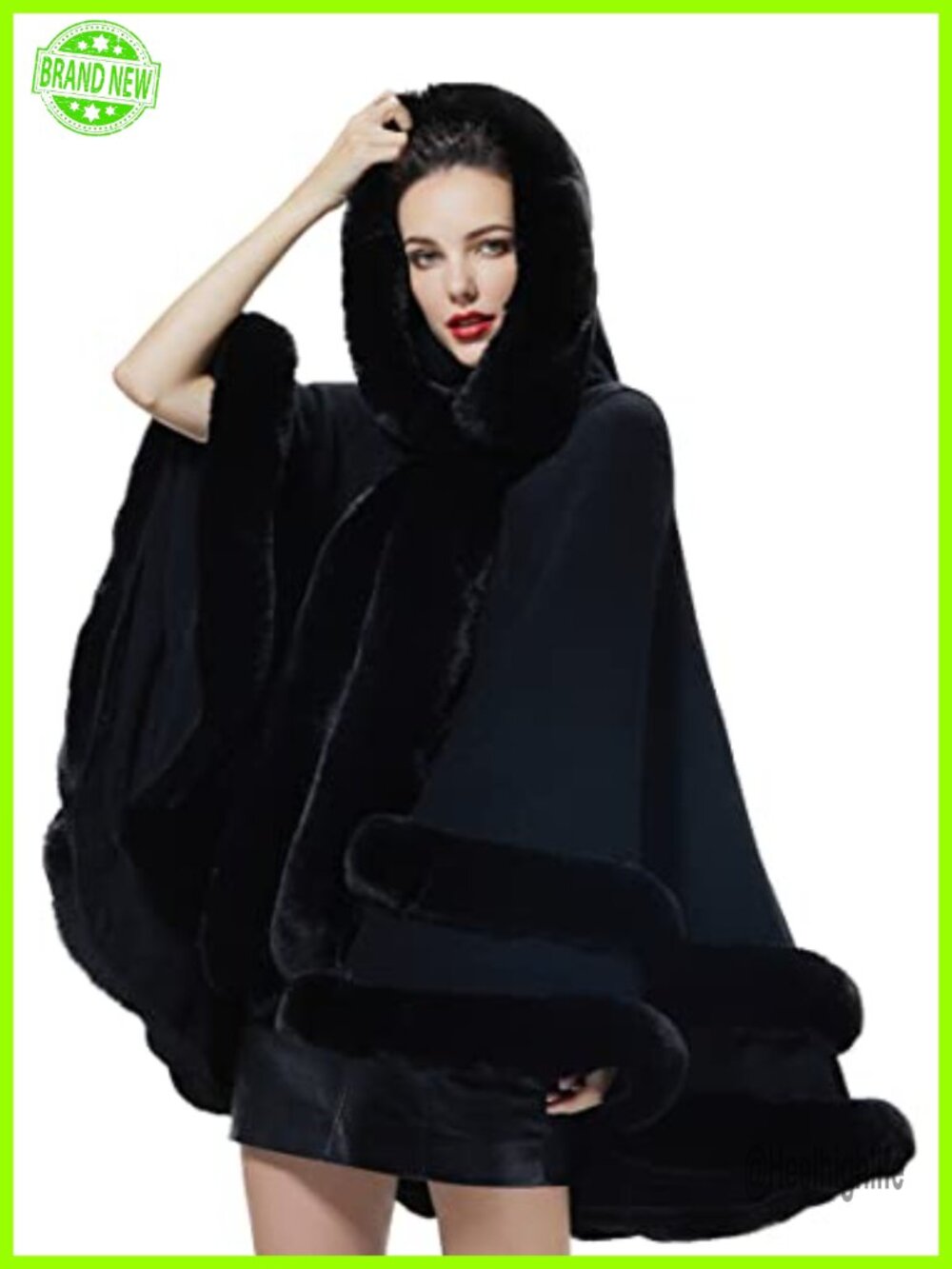 Womens Hooded Poncho Cape Faux Fur Shawl Wrap Trim Sleeveless Cardigan Cloak